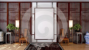 Blank empty canvas picture frame for mock up in Chinese traditional style living room, 3D Rendering