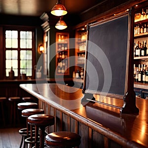 Blank, empty blackboard sign on wall behind bar in restaurant