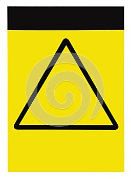 Blank empty customizable yellow black triangle general caution warning attention sign label, large detailed isolated vertical photo