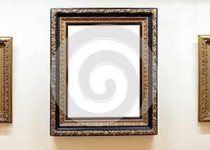 Blank empty frames hanging on museum wall. Art gallery, museum exhibition white clipping path