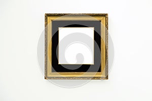 Blank empty golden frame on white background. Art gallery, museum exhibition white clipping path