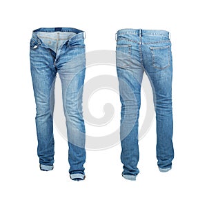 Blank empty jeans pants frontside and backside in moving isolated
