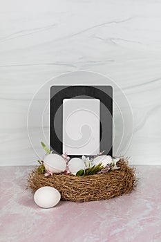 Blank empty no words white sign in black frame sitting in bird nest with eggs