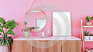 Blank empty picture frame for mock up on sideboard and pink wall, 3D Rendering