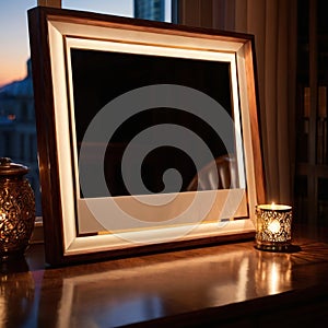 Blank, empty, picture frame written message, on office desk