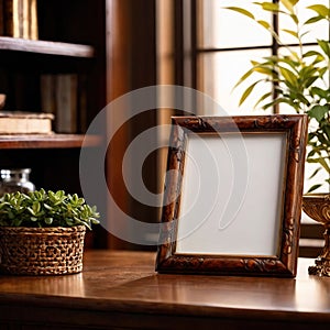 Blank, empty, picture frame written message, on office desk