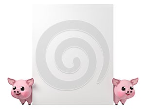 Blank empty poster canvas with cartoon smiling piglet on white background with CLIPPING PATH, 3d rendering