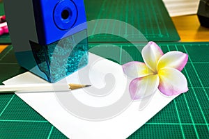Blank or empty space note pad or memo pad with plumeria or frangipani flower and pencil