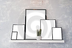 Blank empty white cards with space for text in wooden photo frames. White pot with cactus and photo frames on white shelf