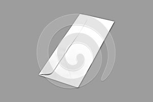 Blank empty white dl envelope mockup, front and back view, isolated on a grey background.