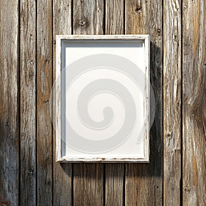 Blank White Picture Frame Mockup on Rustic Wooden Wall