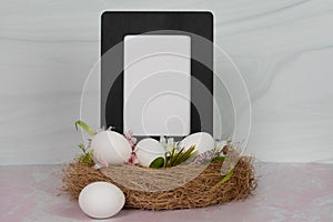 Blank empty white poster sign with no words in a black wood frame sitting in a bird nest with eggs