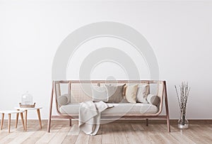 Blank empty white wall in stylish modern wooden living room. Scandinavian style. Rattan home decor. photo