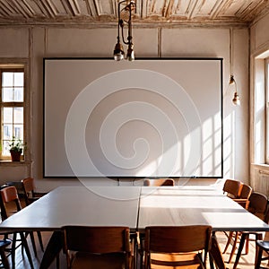 Blank, empty, whiteboard for customizable written message, in retro vintage classroom