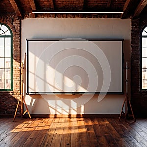 Blank, empty, whiteboard for customizable written message, in retro vintage classroom