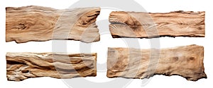 Blank empty wooden curve rustic driftwood signage sign board plank wood on transparent background cutout, PNG file. Many assorted