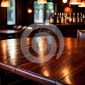 Blank empty wooden table in restaurant bar for product mockup photography