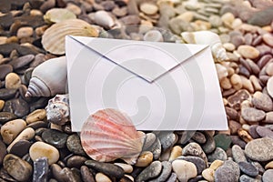 Blank envelope on the beach decorated with sea shell