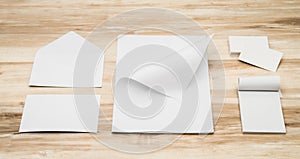 Blank envelopes ,Name card and White template paper on wooden