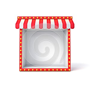 Blank exhibition booth shop store or blank display stall stand with red striped awning and retro yellow neon light bulbs isolated