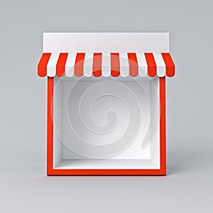 Blank exhibition booth shop store or blank display stall stand with red striped awning on white gray background minimal