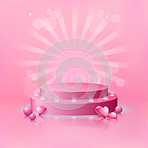 Blank exhibition display stage podium with Valentines hearts for mockup in pastel pink theme color, vector illustration