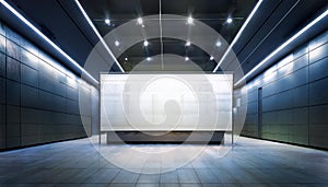Blank exhibition presswall in empty modern hall with lighting. 3D Rendering