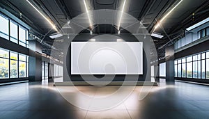 Blank exhibition presswall in empty modern hall with lighting. 3D Rendering