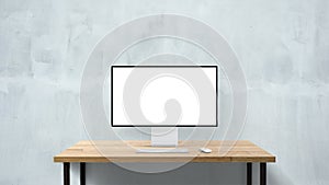 Blank flat monitor screen. Modern creative workspace background. Front view.