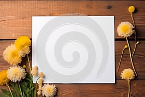 Blank floral mockup of white sheet of paper with dandelion flowers with copy space, top view.AI generated