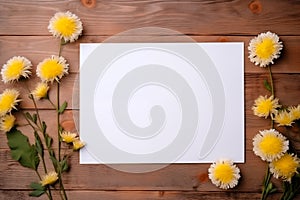 Blank floral mockup of white sheet of paper with dandelion flowers with copy space, top view.AI generated