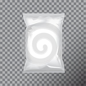 Blank foil bag packaging for food, snack, coffee, cocoa, sweets, crackers, nuts, chips. Vector plastic pack mock up