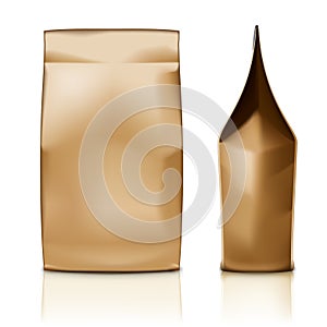 Blank Foil Or Paper Food Pouch Bag Packaging. Front And Side View