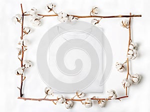 Blank folded t-shirt within a frame made of cotton flowers on white background. Flat lay