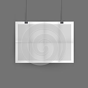 Blank folded vector poster mockup hanging on clips. Close-up of empty paper folded in eight. Layout, horizontal template