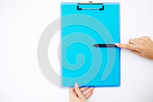 Blank Folder with Blue Paper. Hand that Holding Folder and Pen o