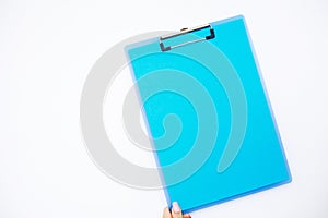 Blank Folder with Blue Paper. Hand that Holding Folder and Pen o