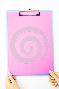 Blank Folder with Pink Paper. Hand that Holding Folder and Handle on White Background. Copyspace. Place for Text