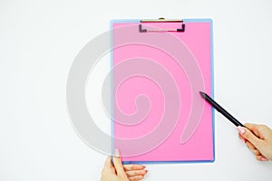 Blank Folder with Pink Paper. Hand that Holding Folder and Handle on White Background. Copyspace. Place for Text