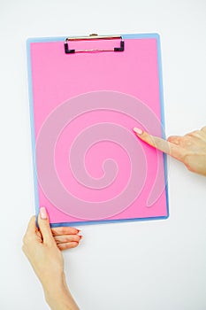 Blank Folder with Pink Paper. Hand that Holding Folder and Handle on White Background. Copyspace. Place for Text