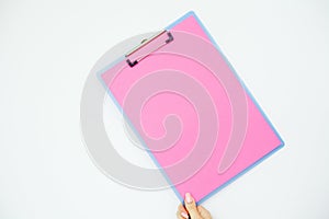 Blank Folder with Pink Paper. Hand that Holding Folder and Handle on White Background. Copyspace. Place for Text