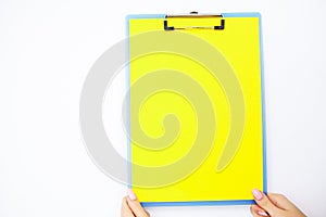 Blank Folder with Yellow Paper. Hand that Holding Folder and Han