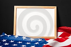 Blank frame on American flag background. creative photo.