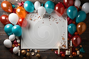 Blank frame with balloons, candles and confetti on wooden background with copy space