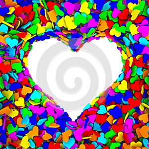 Blank frame of heart shape composed of many small colorful hearts