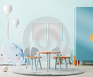 Blank frame mock up in blue children room interior with kids table and toys, child playroom interior background, 3d rendering