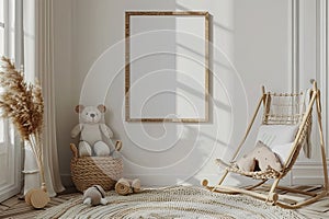 Blank frame mock up in cozy nursery interior background