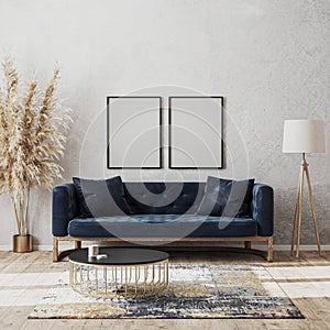 Blank frame mock up on wall in modern living room luxury interior design with dark blue sofa, decorative rug, floor lamp and