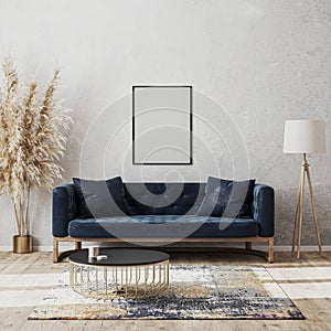 Blank frame mock up on wall in modern living room luxury interior design with dark blue sofa, decorative rug, floor lamp and