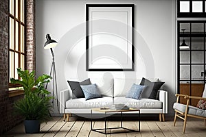 Blank Frame Mockup in an Industrial Living Room Interior Design - Generative AI